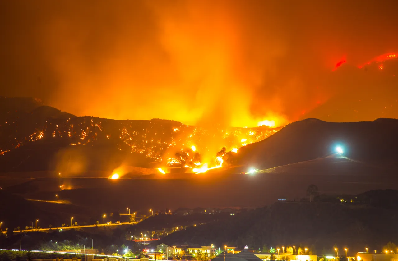 Night long exposure photograph of the Santa Clarita wildfire in CA.