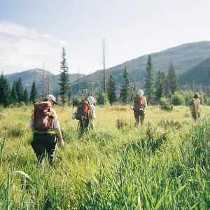 Field with five people walking it, backdrop of Colorado mountains