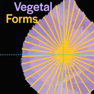 "Vegetal Forms" with graphic purple leaf, gold sunburst in the center