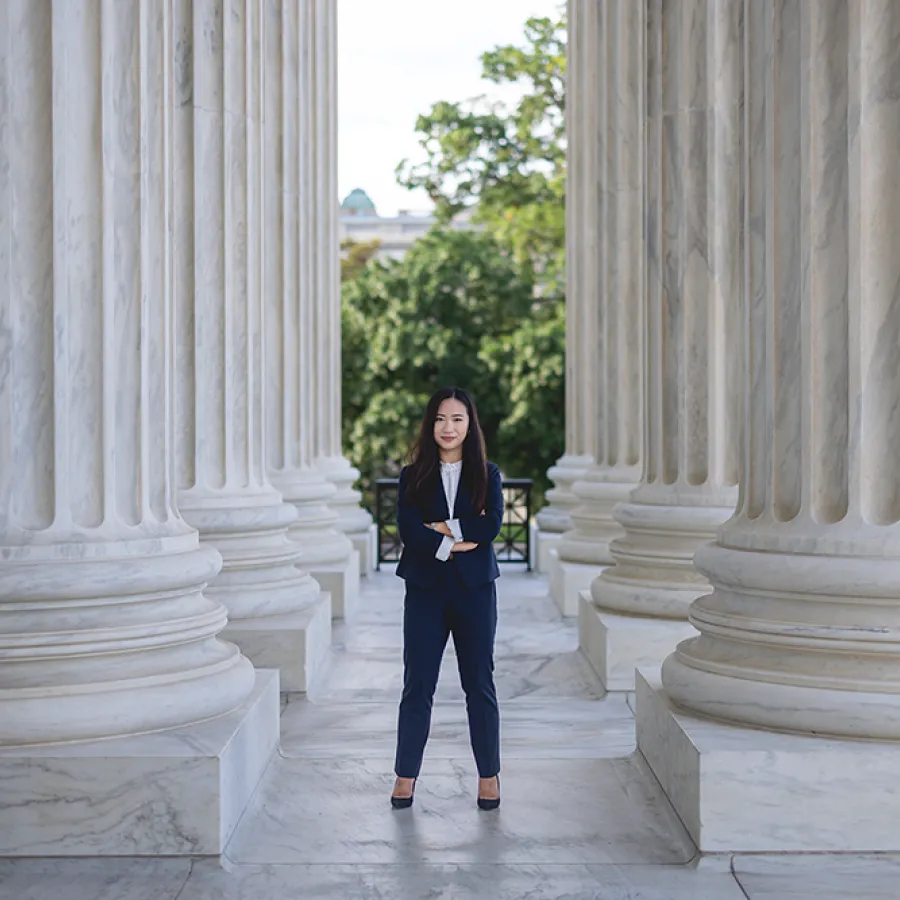 Nicole Teo standing outside of the Supreme Court