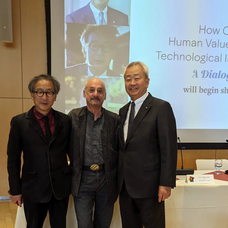 Yasuo Deguchi, Vice Provost for Humanities at Kyoto University, Jay Garfield, Doris Silbert Professor in the Humanities and Professor of Philosophy, Logic and Buddhist Studies,  and Jun Sawada, Chairman of the Board, NTT.