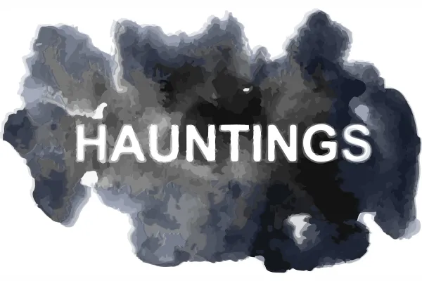 A cloud of black and gray smoke with the word "Hauntings" in all caps