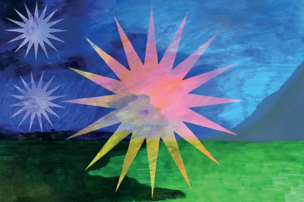 Marker illustration of a large pink and yellow starburst dividing day and night