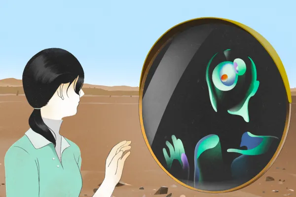 Illustration of a person looking into a mirror with a distorted reflection