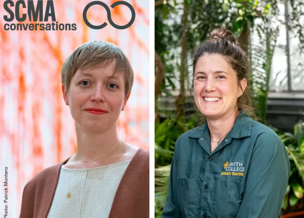 Woman with short blonde hair and brown cardigan on left and woman with brown hair in bun and green button-down shirt on right.
