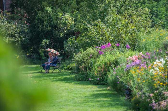 Flowers in a garden row leading to a bench with someone sitting with a colorful umbrella to create shade.