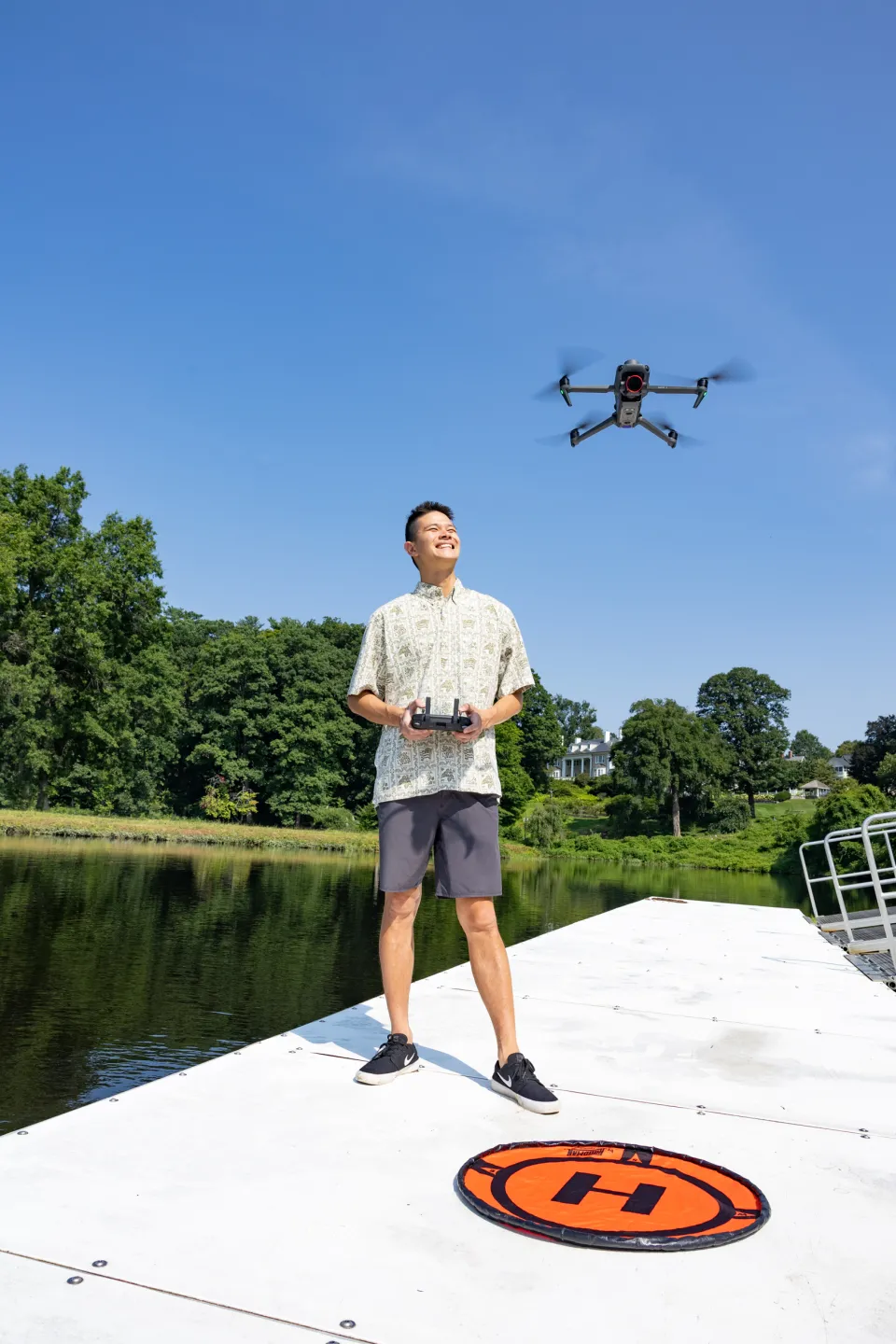 Patty the drone comes in for a landing near Paradise Pond with Kala'i Ellis at the controls