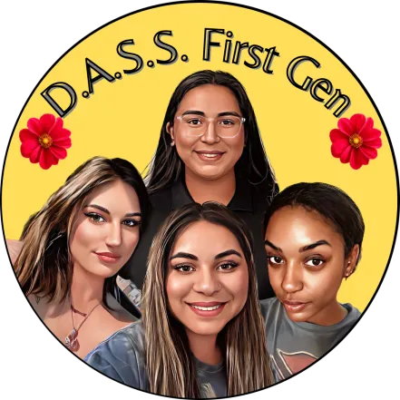 A logo for DASS First Gen, featuring illustrations of four first-gen Smithies.